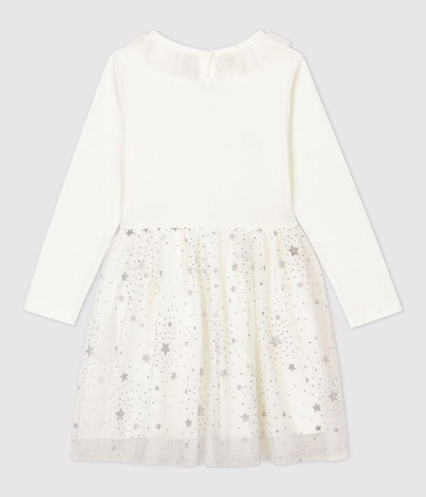 Abito bambina a maniche lunghe in cotone e tulle bianco/grigio